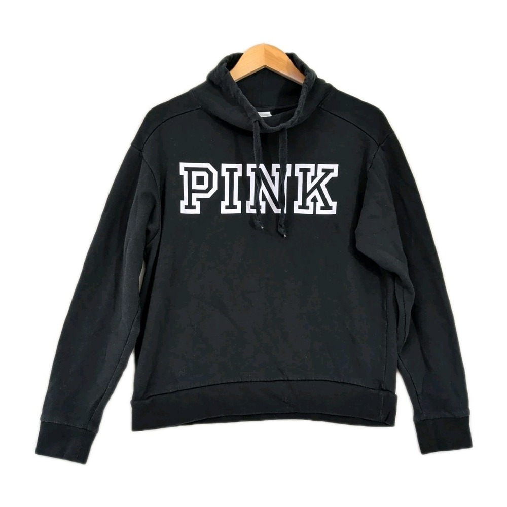 Victoria Secret PINK Sweatshirt Women S Black White Y2K Logo Spell Out Cowl Neck